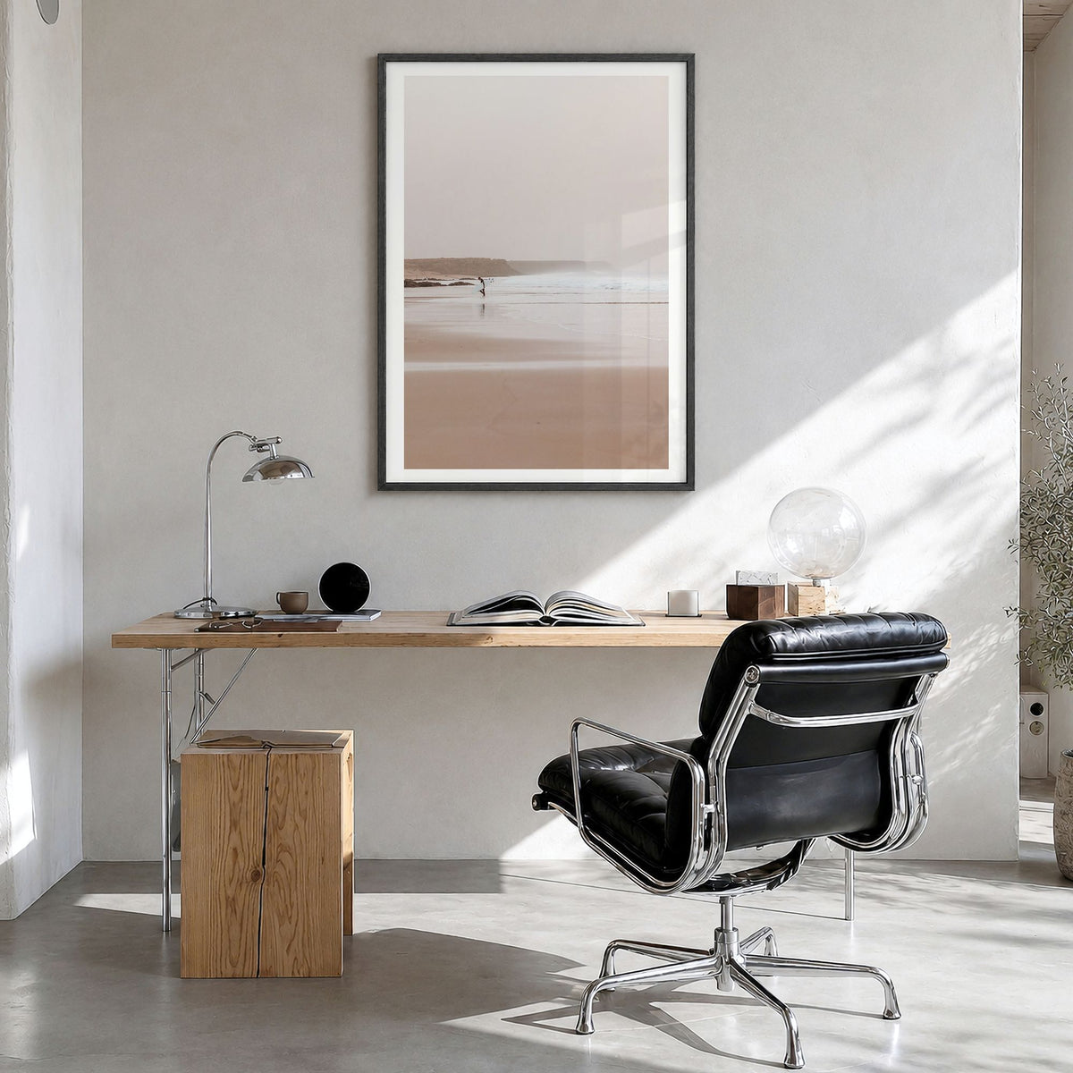 Surfer Photo No 2 Poster in a black wood frame, hanging in a bright home office, white border