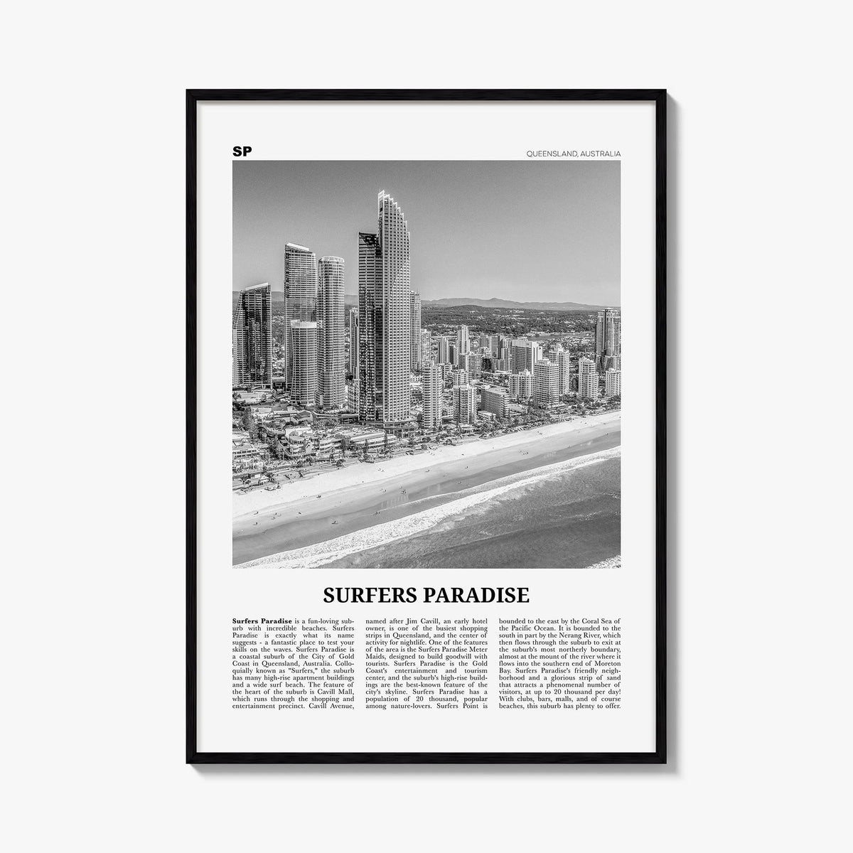 Surfers Paradise black & white newspaper poster of Australia – vertical wall art, unframed print shown in interior mockup