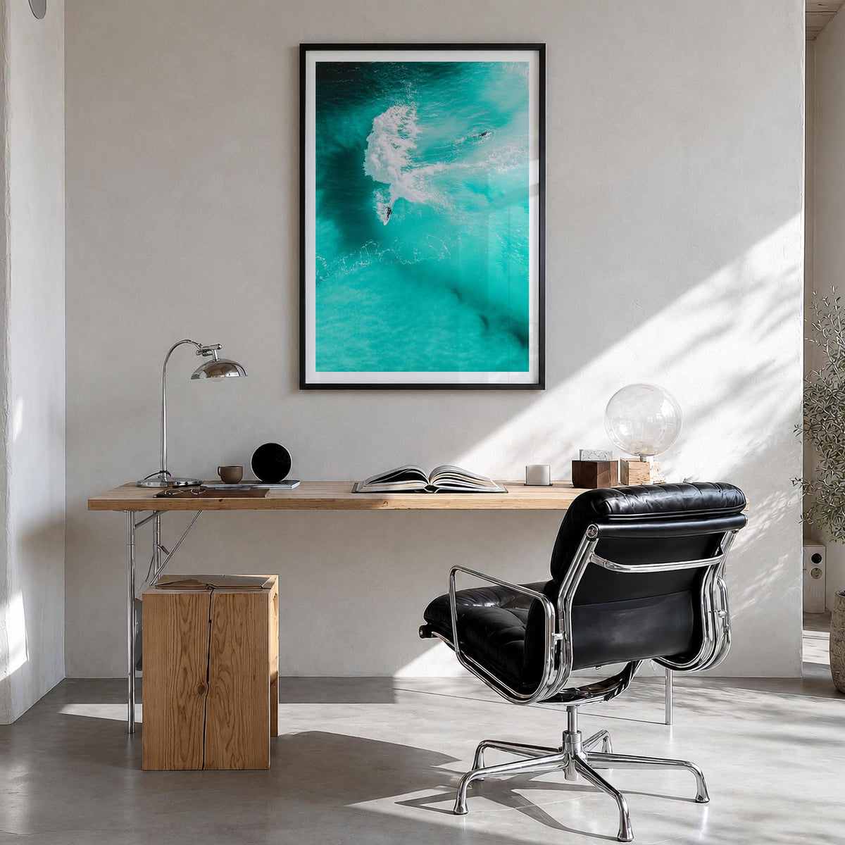 Surfing no. 1 colorful photo poster – vertical wall art in black wood frame with white border, hanging on wall