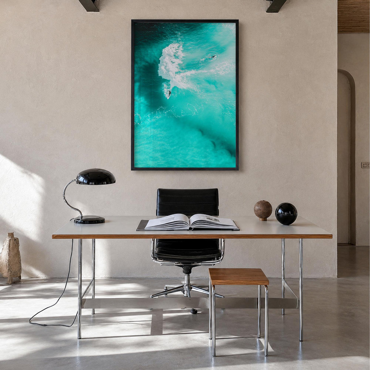 Surfing no. 1 colorful photo poster – vertical wall art in black wood frame, hanging on wall
