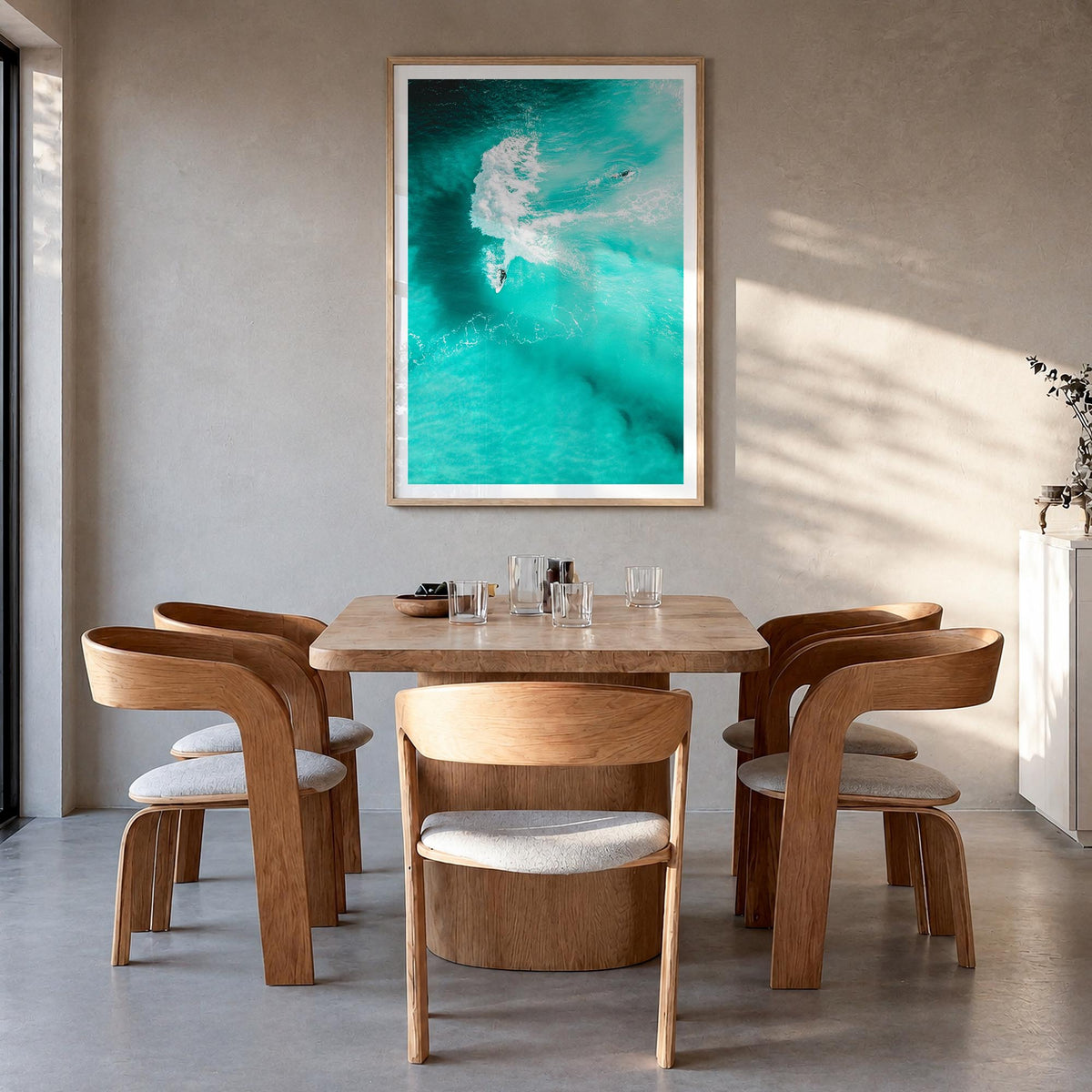 Surfing no. 1 colorful photo poster – vertical wall art in natural wood frame with white border, hanging on wall