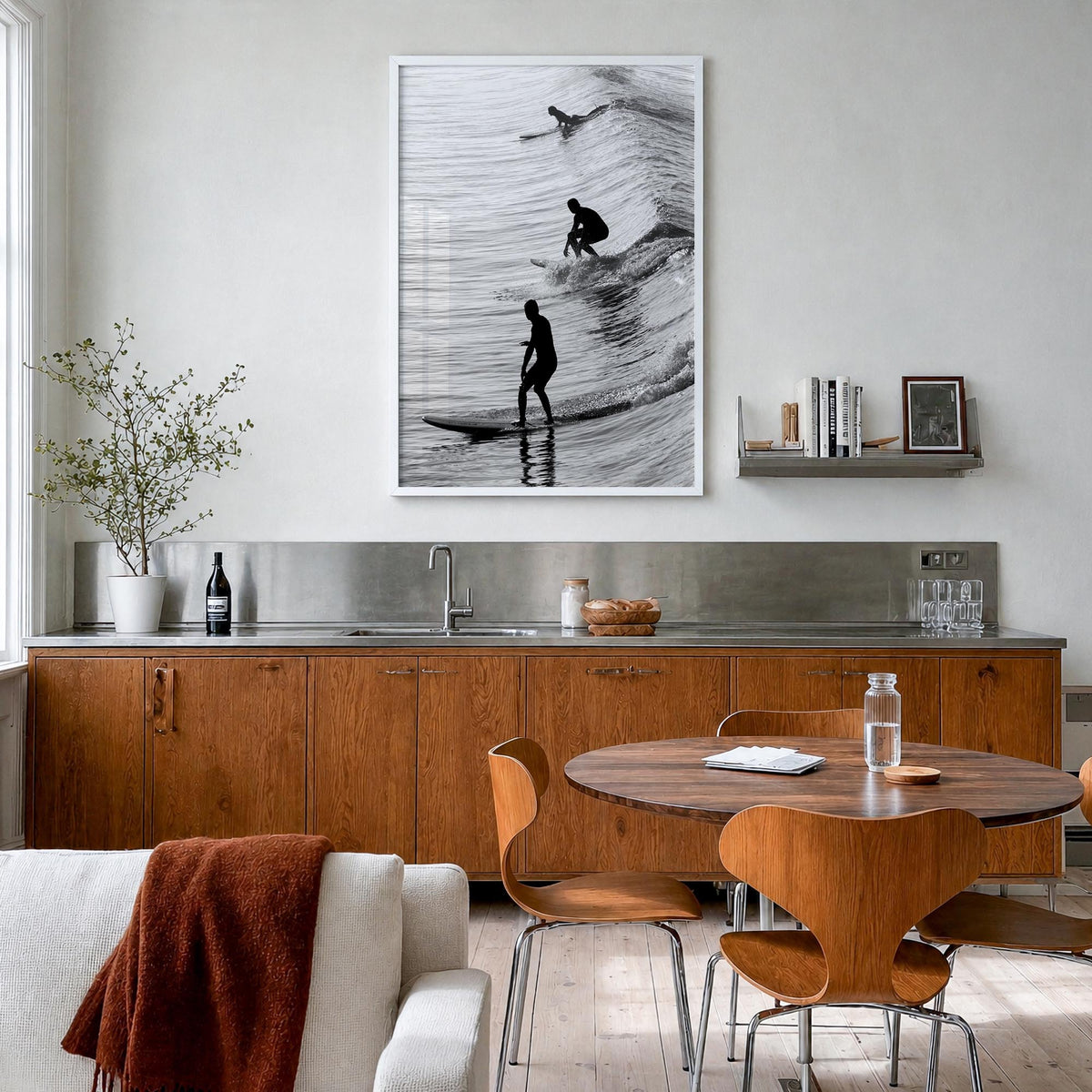 Surfing no. 2 black & white photo poster – vertical wall art in white wood frame, hanging on wall