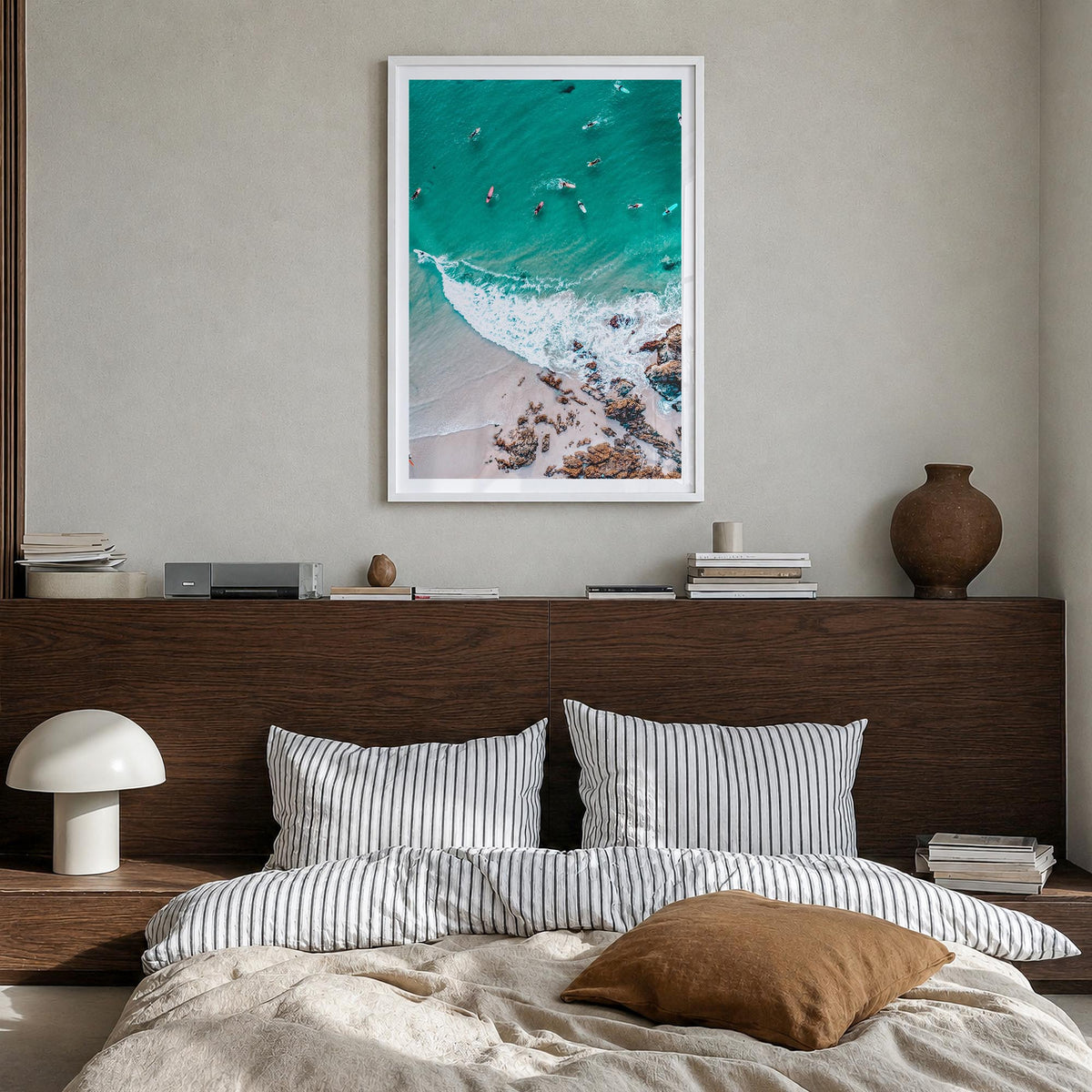 Surfing no. 2 colorful photo poster – vertical wall art in white wood frame with white border, hanging on wall
