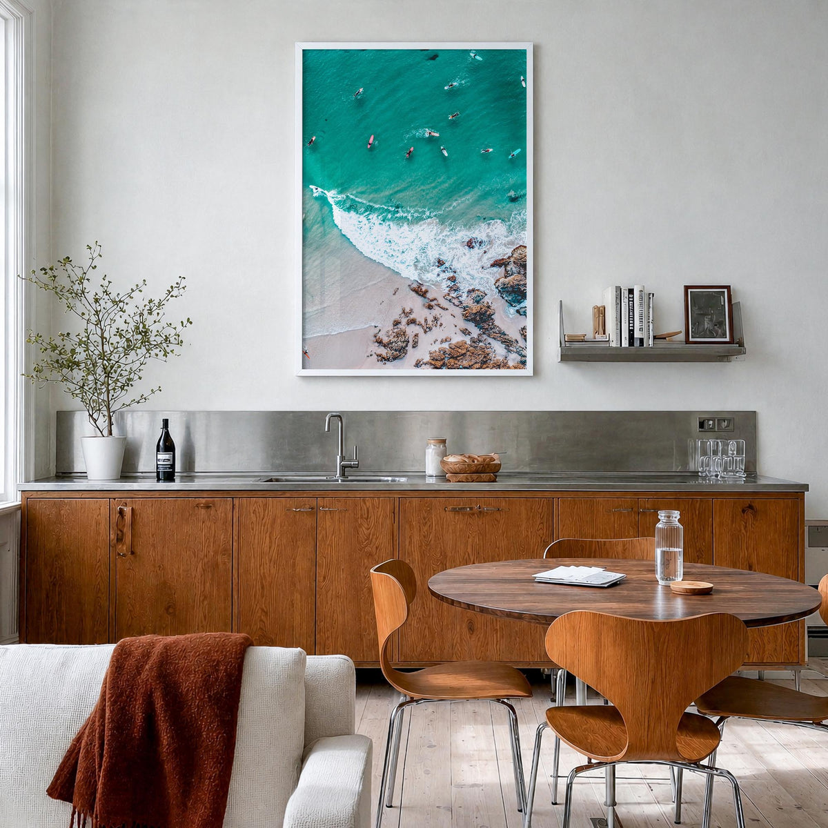 Surfing no. 2 colorful photo poster – vertical wall art in white wood frame, hanging on wall
