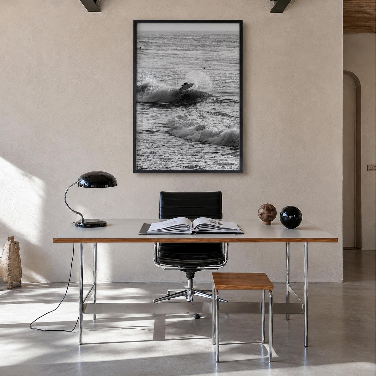 Surfing no. 3 black & white photo poster – vertical wall art in black wood frame, hanging on wall