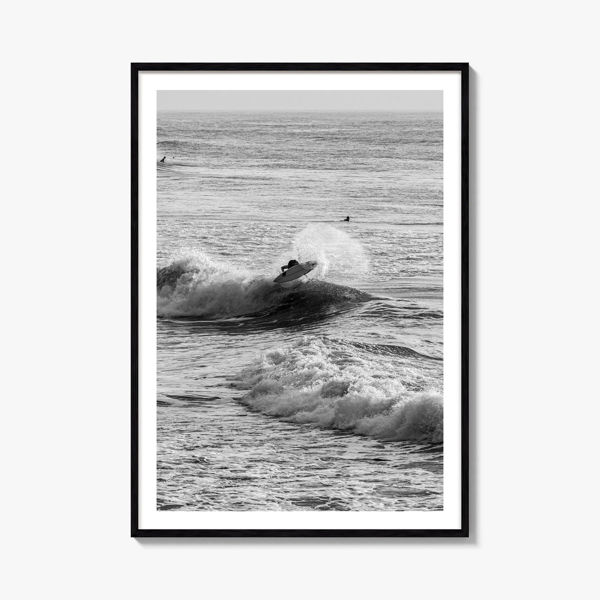 Surfing no. 3 black & white photo poster – vertical wall art, unframed print shown in interior mockup