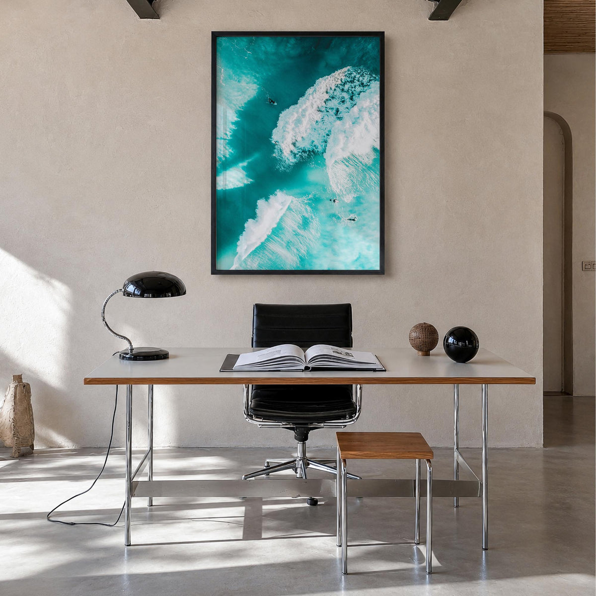 Surfing no. 3 colorful photo poster – vertical wall art in black wood frame, hanging on wall