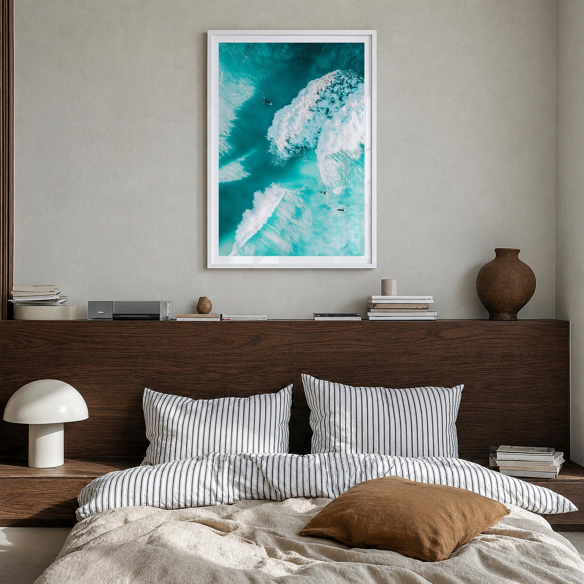 Surfing no. 3 colorful photo poster – vertical wall art in white wood frame with white border, hanging on wall