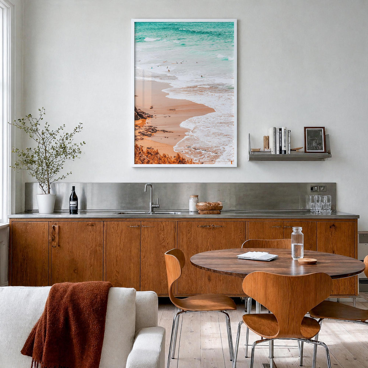 Surfing no. 4 colorful photo poster – vertical wall art in white wood frame, hanging on wall