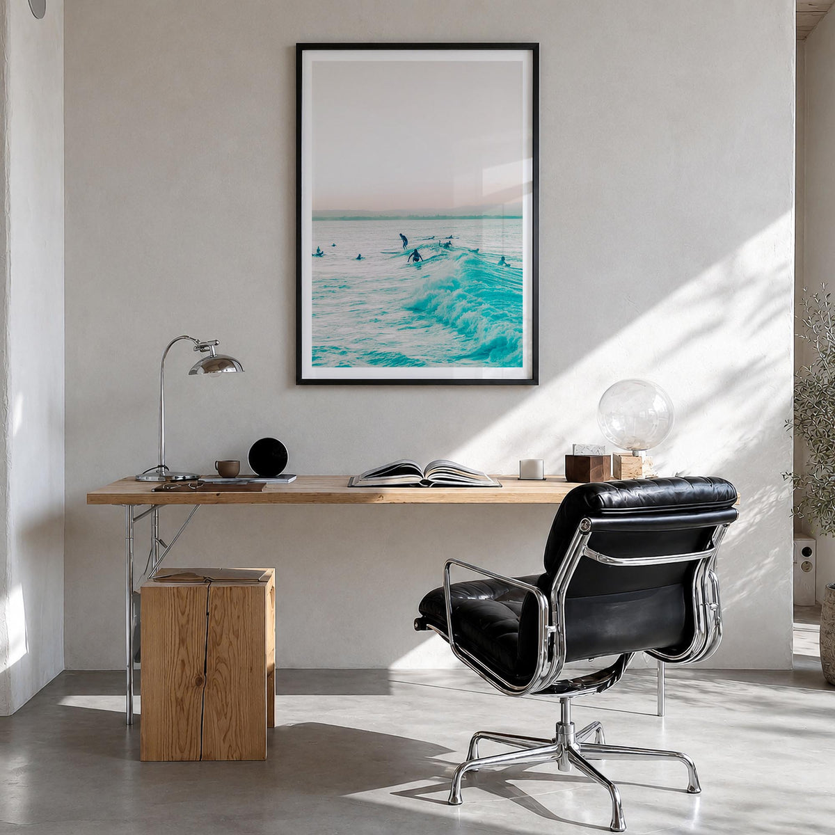 Surfing no. 5 colorful photo poster – vertical wall art in black wood frame with white border, hanging on wall