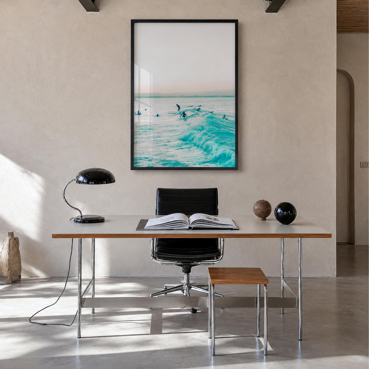 Surfing no. 5 colorful photo poster – vertical wall art in black wood frame, hanging on wall