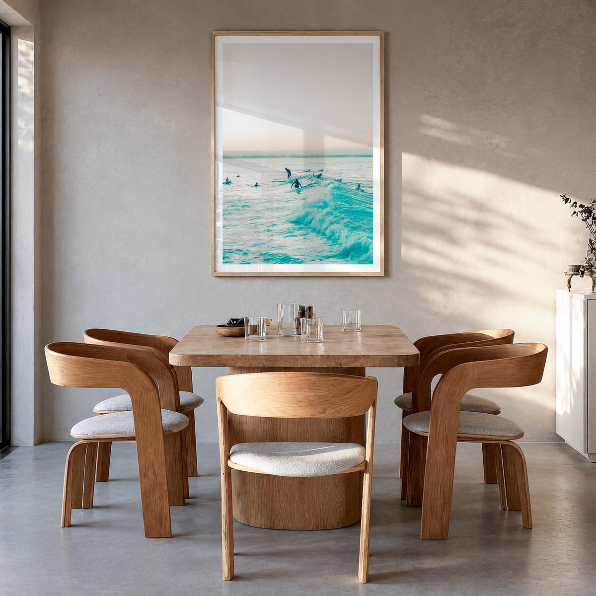 Surfing no. 5 colorful photo poster – vertical wall art in natural wood frame with white border, hanging on wall