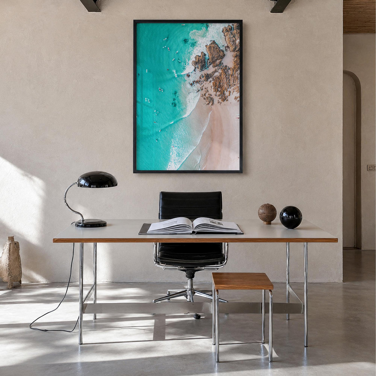 Surfing no. 6 colorful photo poster – vertical wall art in black wood frame, hanging on wall