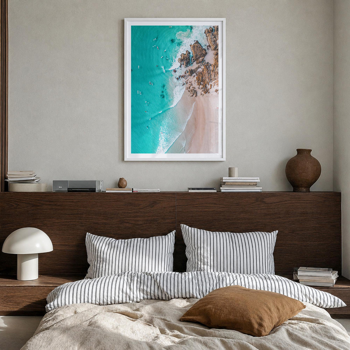 Surfing no. 6 colorful photo poster – vertical wall art in white wood frame with white border, hanging on wall