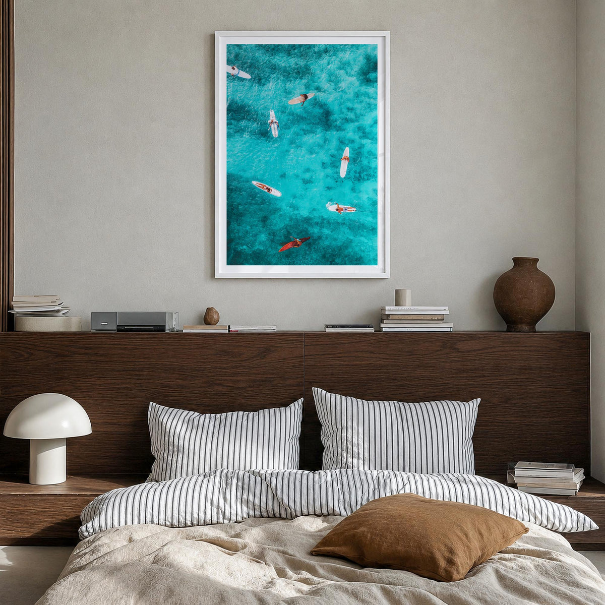 Surfing no. 7 colorful photo poster – vertical wall art in white wood frame with white border, hanging on wall