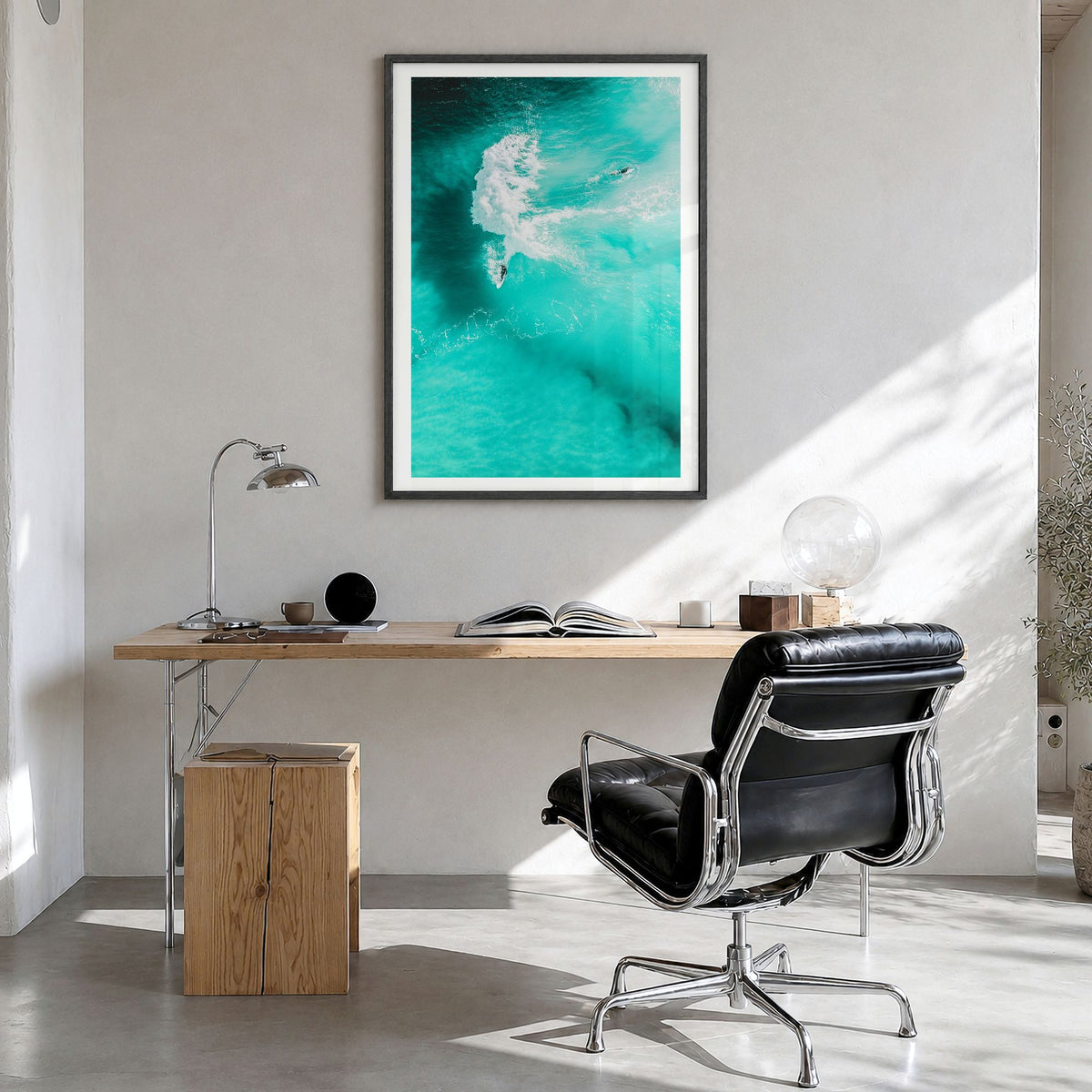 Surfing Photo No 1 Poster in a black wood frame, hanging in a bright home office, white border