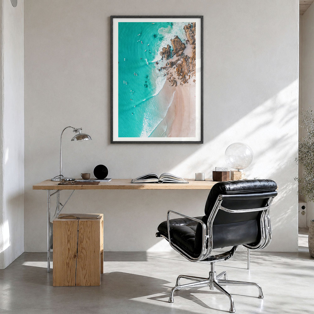 Surfing Photo No 6 Poster in a black wood frame, hanging in a bright home office, white border