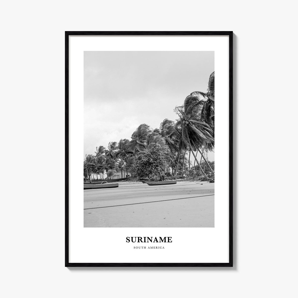 Suriname black & white classic poster of South America – vertical wall art, unframed print shown in interior mockup