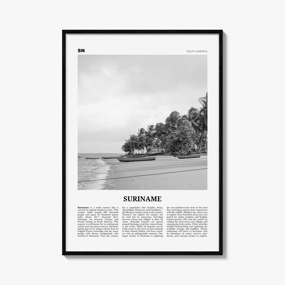 Suriname black & white newspaper poster of South America – vertical wall art, unframed print shown in interior mockup