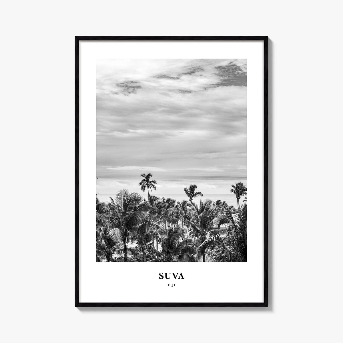 Suva black & white classic poster of Fiji – vertical wall art, unframed print shown in interior mockup