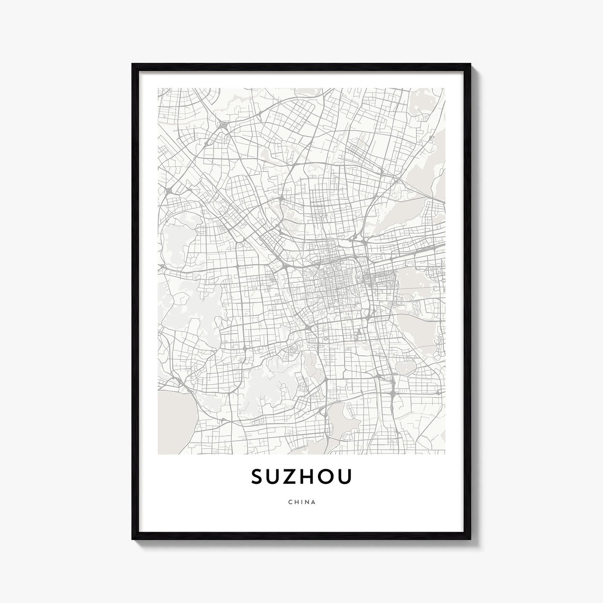 Suzhou black & white map poster of China – vertical wall art, unframed print shown in interior mockup
