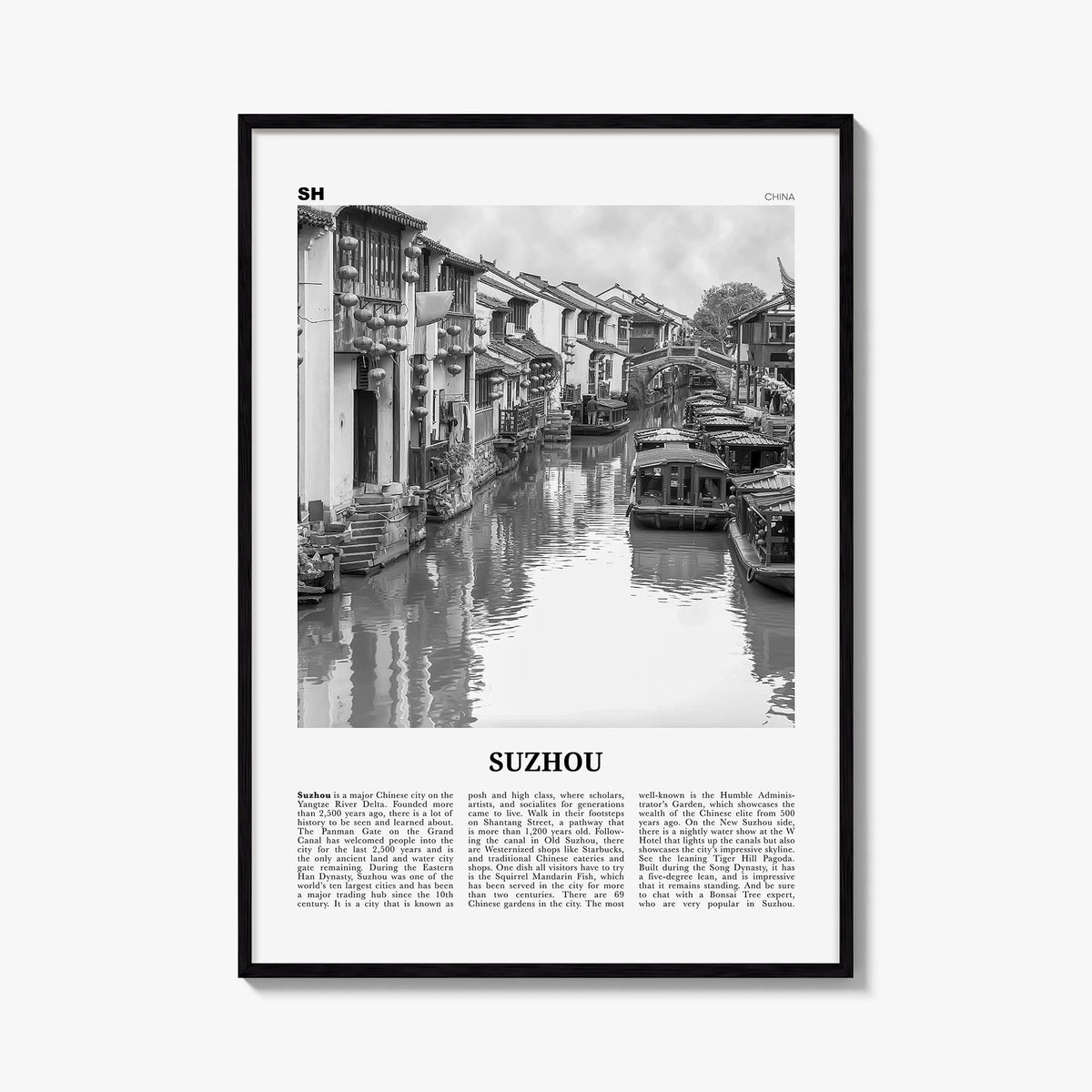 Suzhou black & white newspaper poster of China – vertical wall art, unframed print shown in interior mockup
