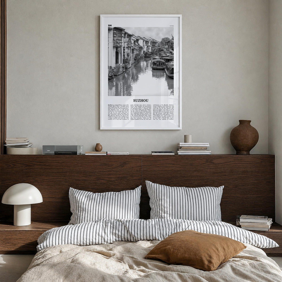 Suzhou black & white newspaper poster of China – vertical wall art in white wood frame, hanging on wall