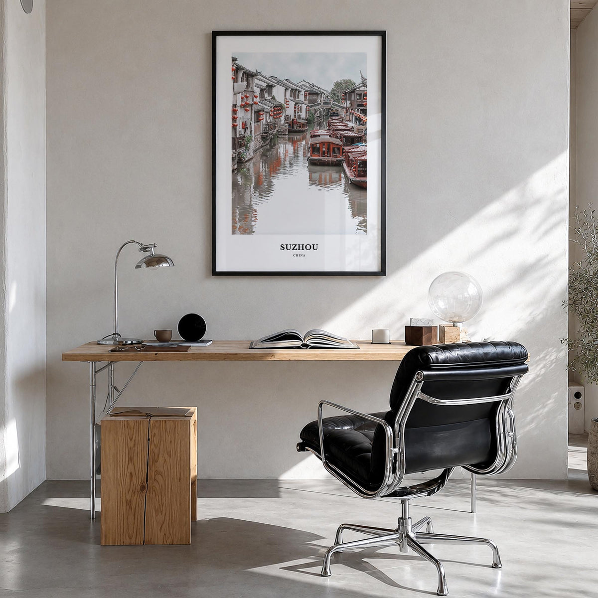 Suzhou colorful classic poster of China – vertical wall art in black wood frame, hanging on wall