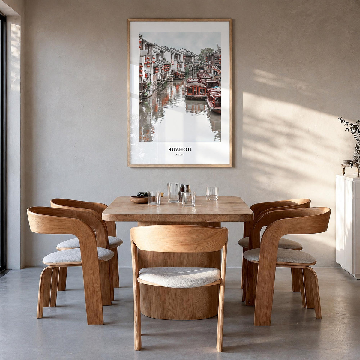 Suzhou colorful classic poster of China – vertical wall art in natural wood frame, hanging on wall