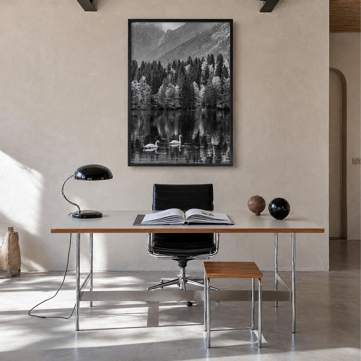 Swan Lake no. 1 black & white photo poster – vertical wall art in black wood frame, hanging on wall