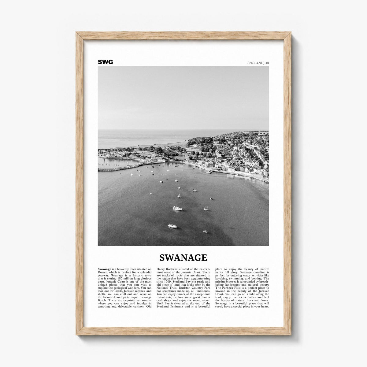 Swanage Newspaper Poster in a natural wood frame