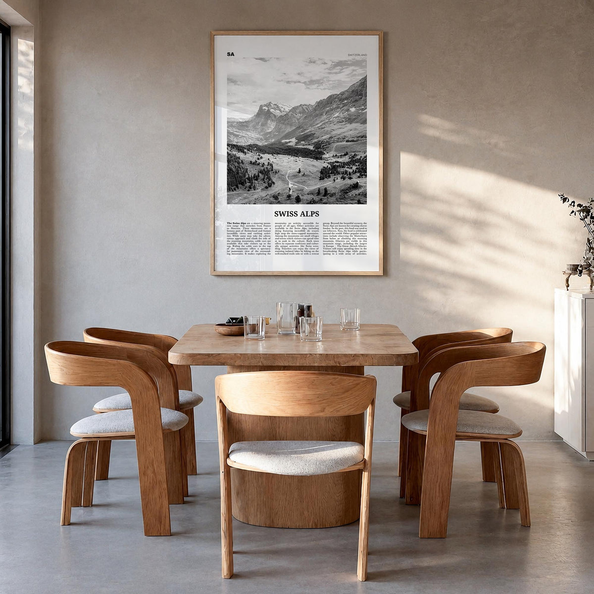 Swiss Alps black & white newspaper poster of Switzerland – vertical wall art in natural wood frame, hanging on wall