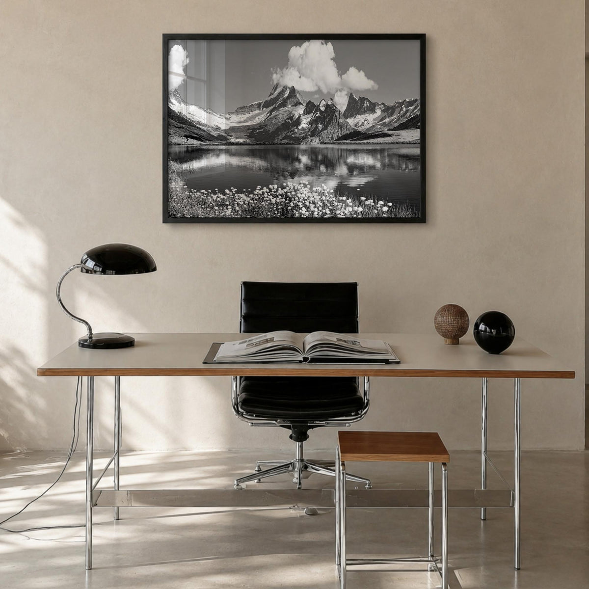 Switzerland black & white photo poster of Europe – horizontal wall art in black wood frame, hanging on wall