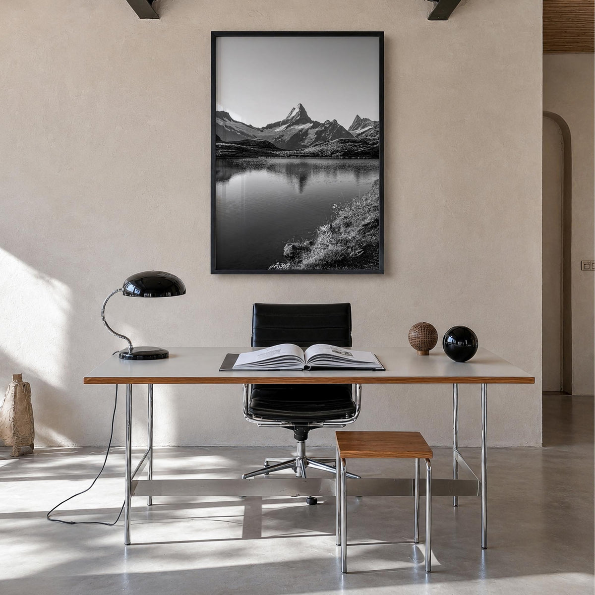 Switzerland black & white photo poster of Europe – vertical wall art in black wood frame, hanging on wall