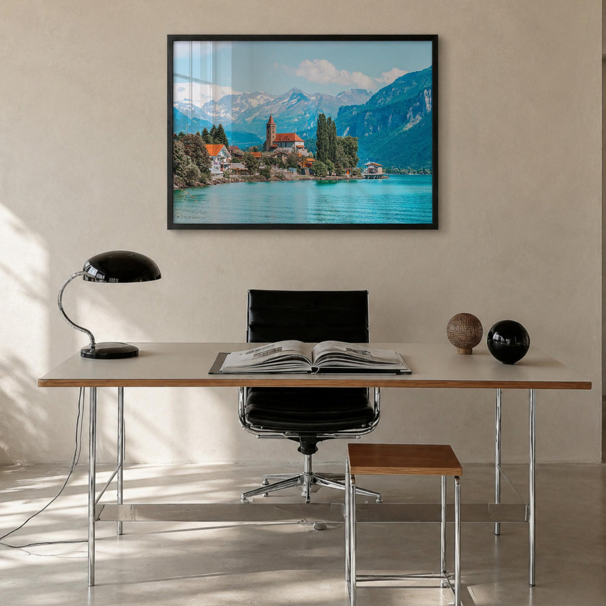 Switzerland colorful photo poster of Europe – horizontal wall art in black wood frame, hanging on wall