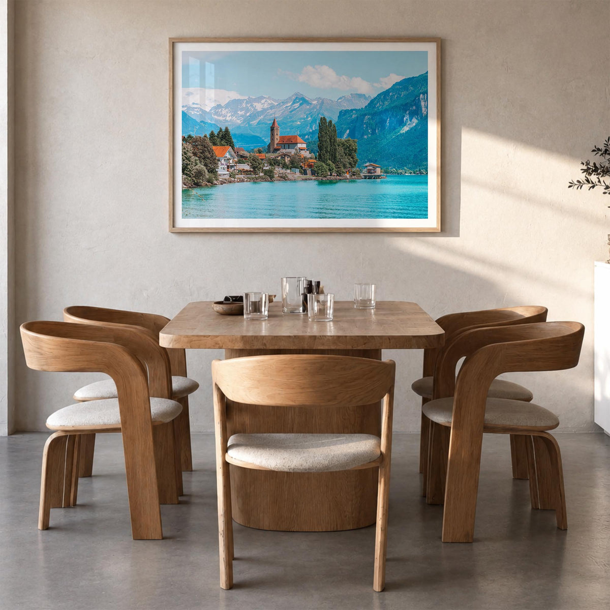 Switzerland colorful photo poster of Europe – horizontal wall art in natural wood frame with white border, hanging on wall
