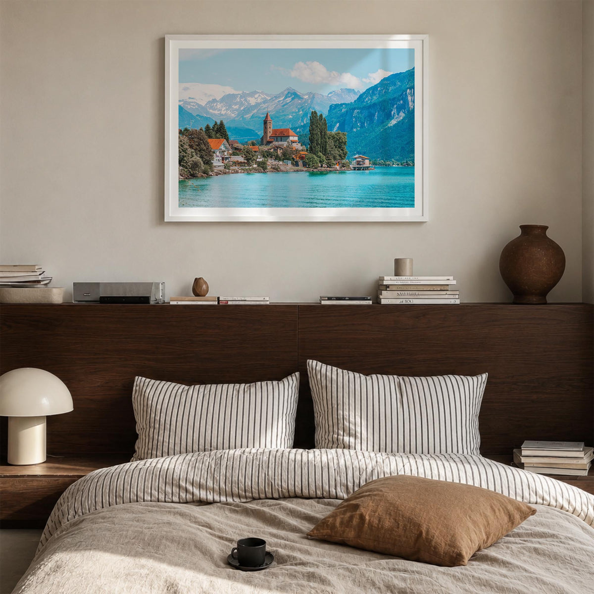 Switzerland colorful photo poster of Europe – horizontal wall art in white wood frame with white border, hanging on wall