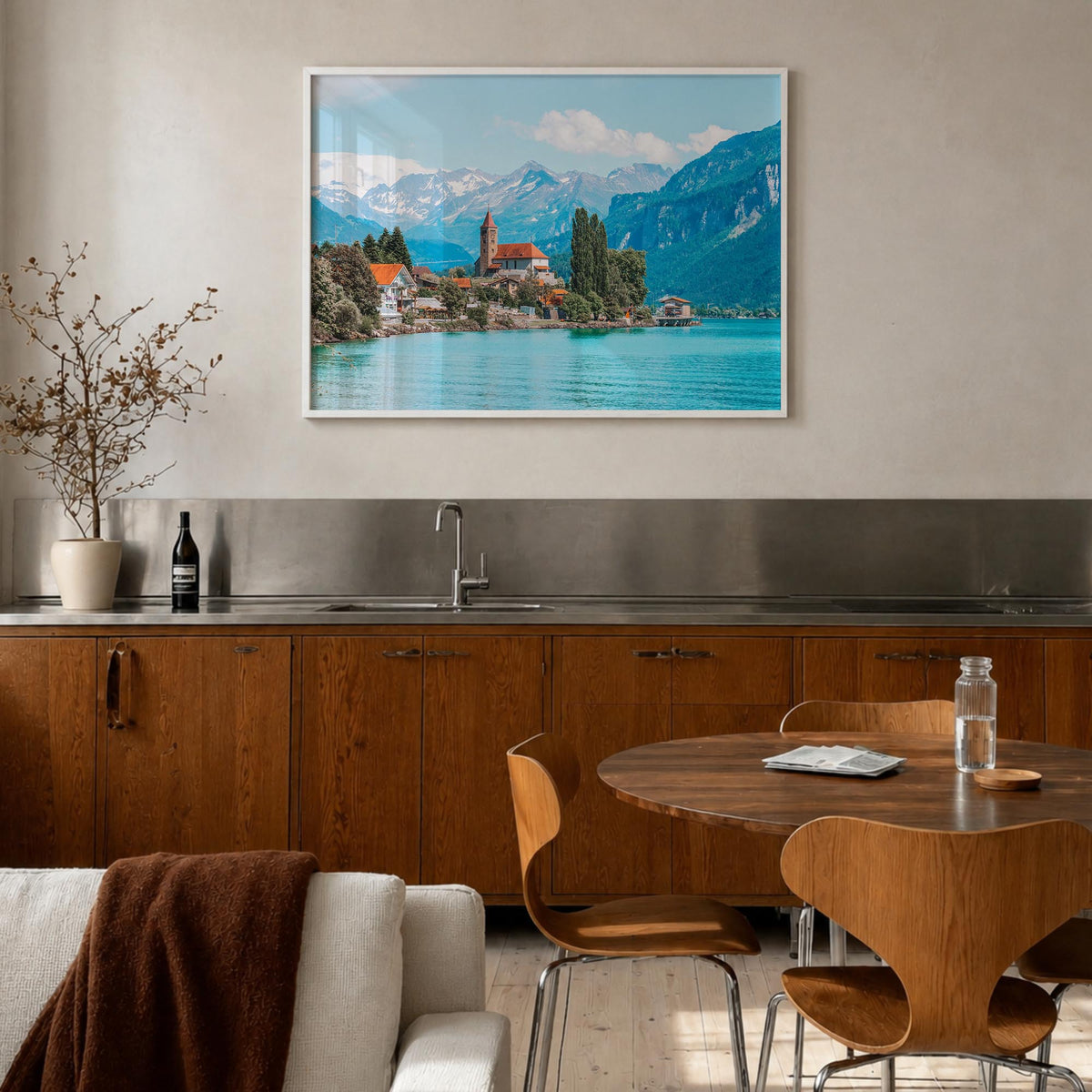 Switzerland colorful photo poster of Europe – horizontal wall art in white wood frame, hanging on wall