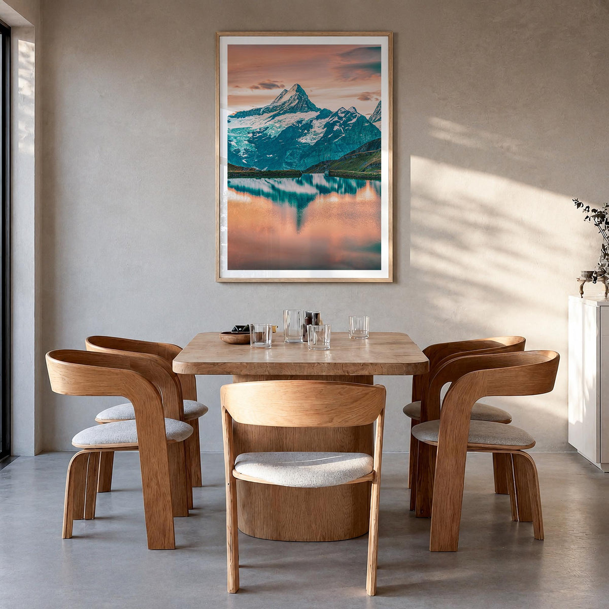 Switzerland no. 1 colorful photo poster of Europe – vertical wall art in natural wood frame with white border, hanging on wal