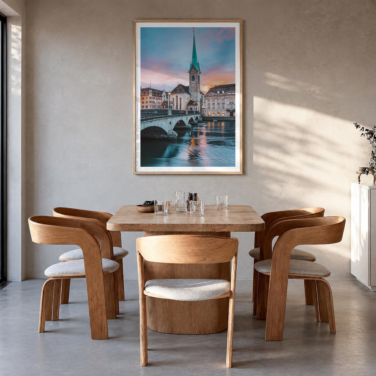 Switzerland no. 3 colorful photo poster of Europe – vertical wall art in natural wood frame with white border, hanging on wal