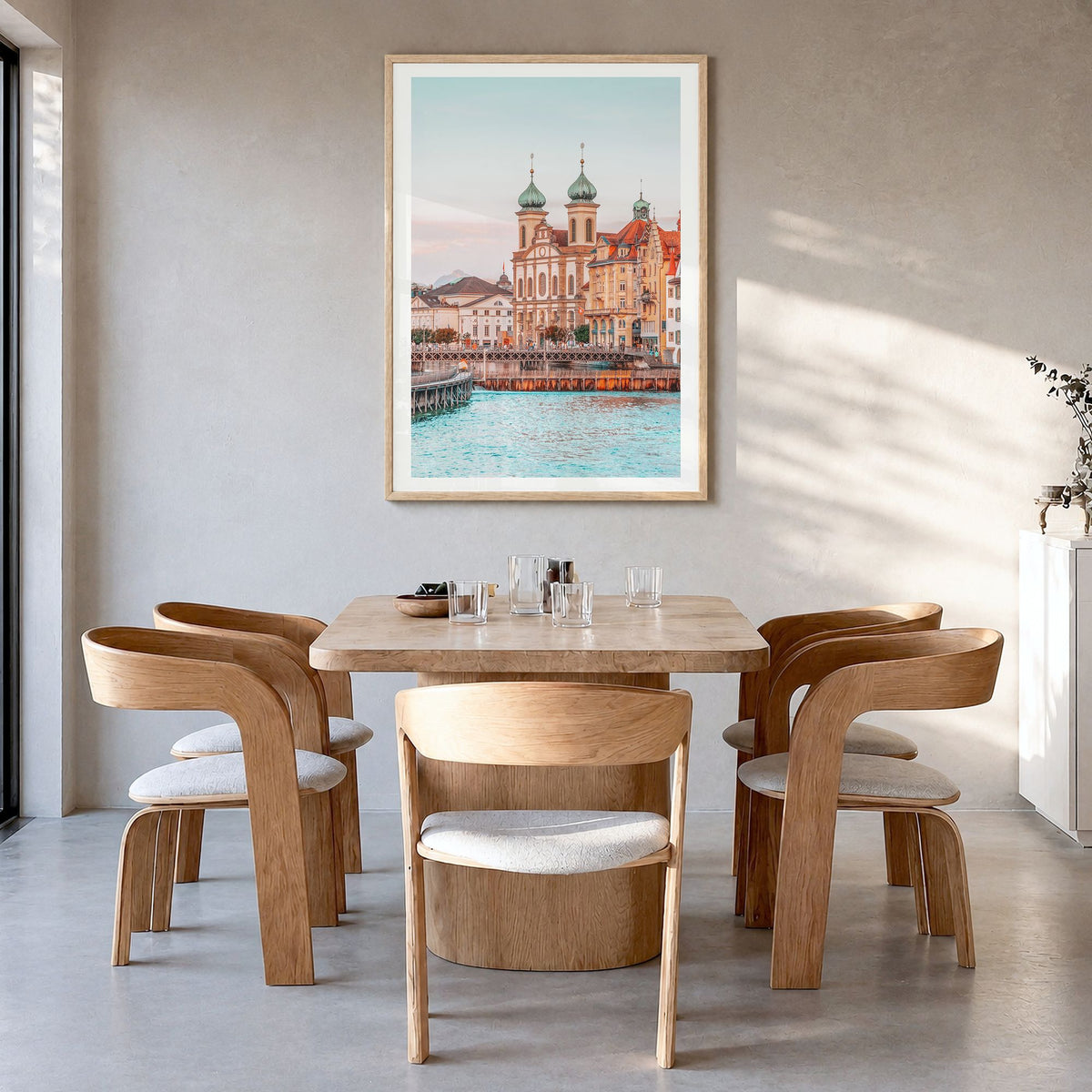 Switzerland Photo No 2 Poster in a natural wood frame, hanging in a dining room, white border