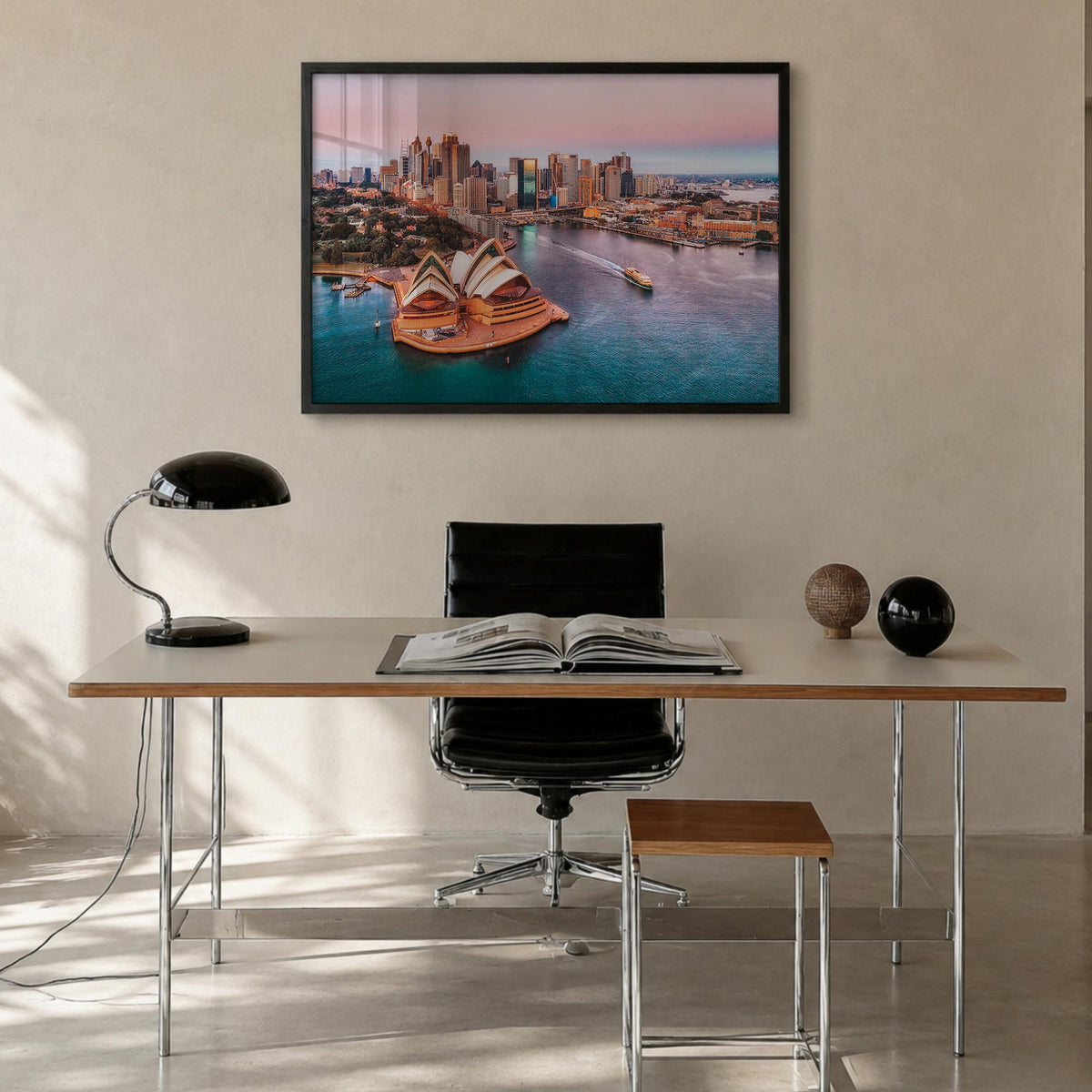 Sydney colorful photo poster of New South Wales, Australia – horizontal wall art in black wood frame, hanging on wall