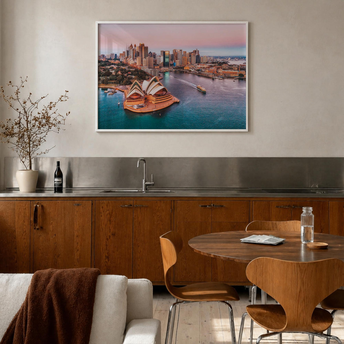 Sydney colorful photo poster of New South Wales, Australia – horizontal wall art in white wood frame, hanging on wall