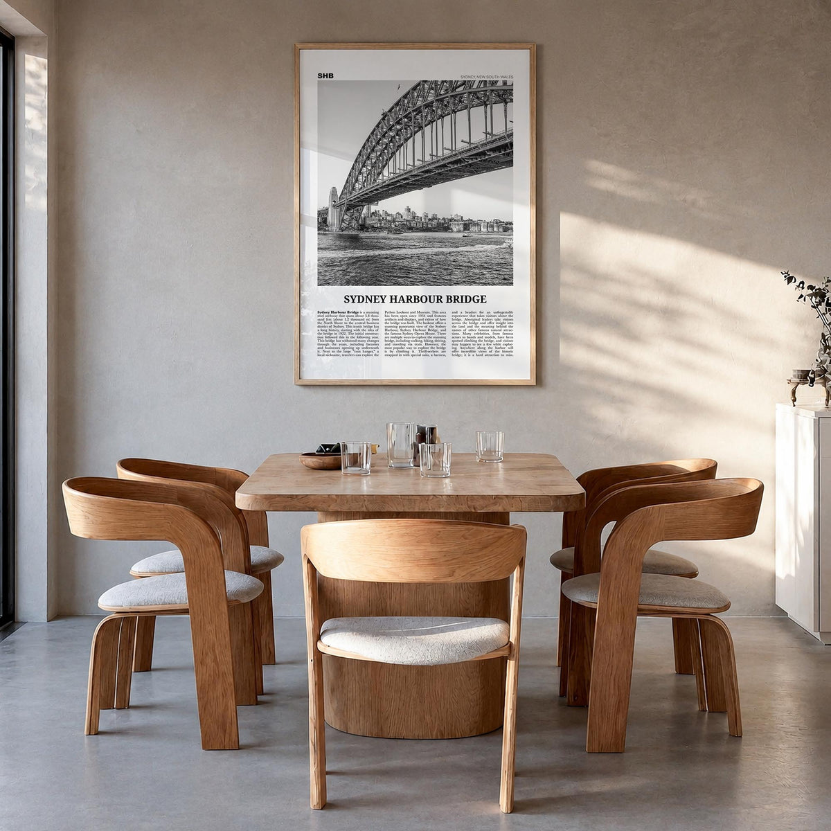 Sydney Harbour Bridge black & white newspaper poster of Australia – vertical wall art in natural wood frame, hanging on wall