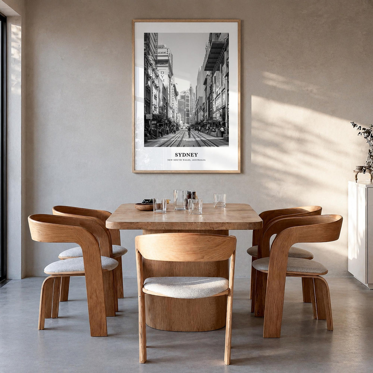 Sydney no. 1 black & white classic poster of New South Wales, Australia – vertical wall art in natural wood frame, hanging on