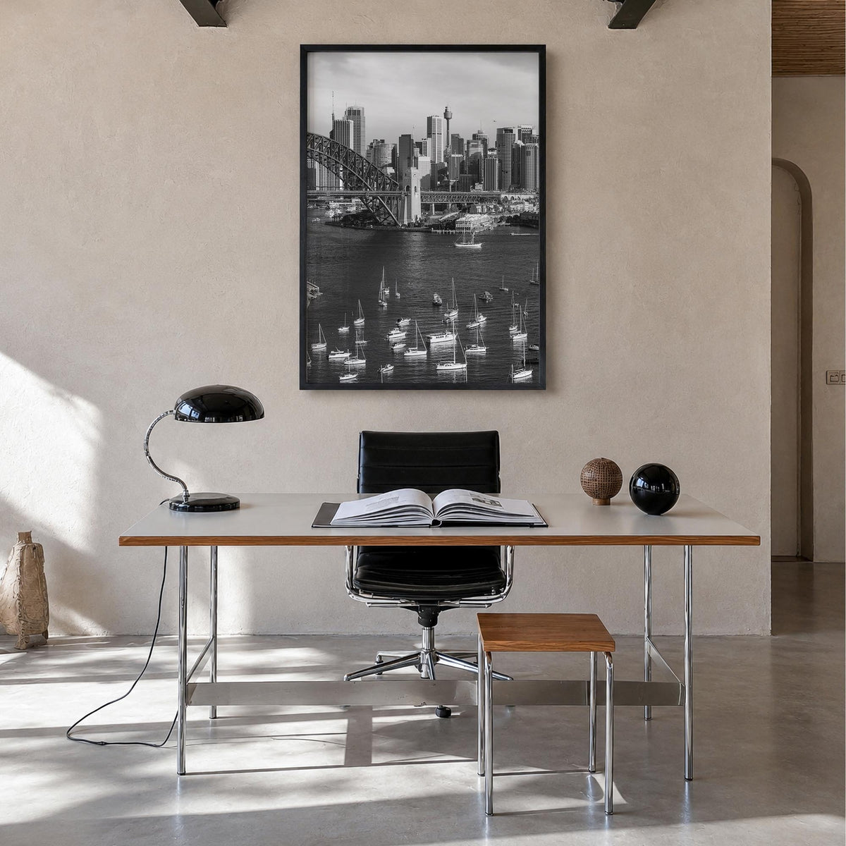 Sydney no. 1 black & white photo poster of New South Wales, Australia – vertical wall art in black wood frame, hanging on wal