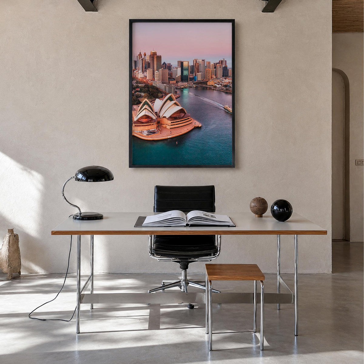 Sydney no. 1 colorful photo poster of New South Wales, Australia – vertical wall art in black wood frame, hanging on wall