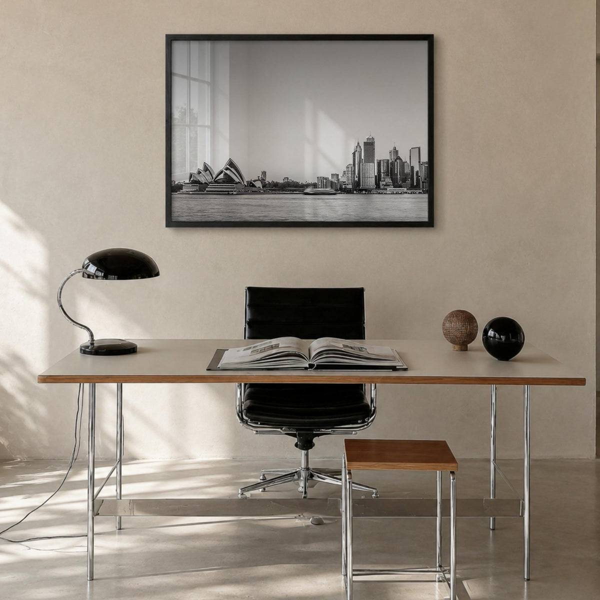 Sydney no. 2 black & white photo poster of New South Wales, Australia – horizontal wall art in black wood frame, hanging on w