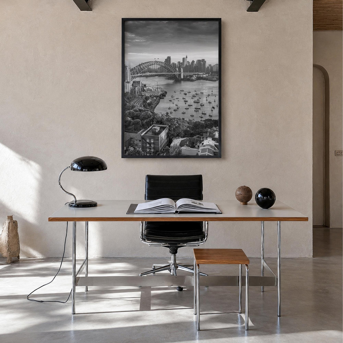 Sydney no. 2 black & white photo poster of New South Wales, Australia – vertical wall art in black wood frame, hanging on wal