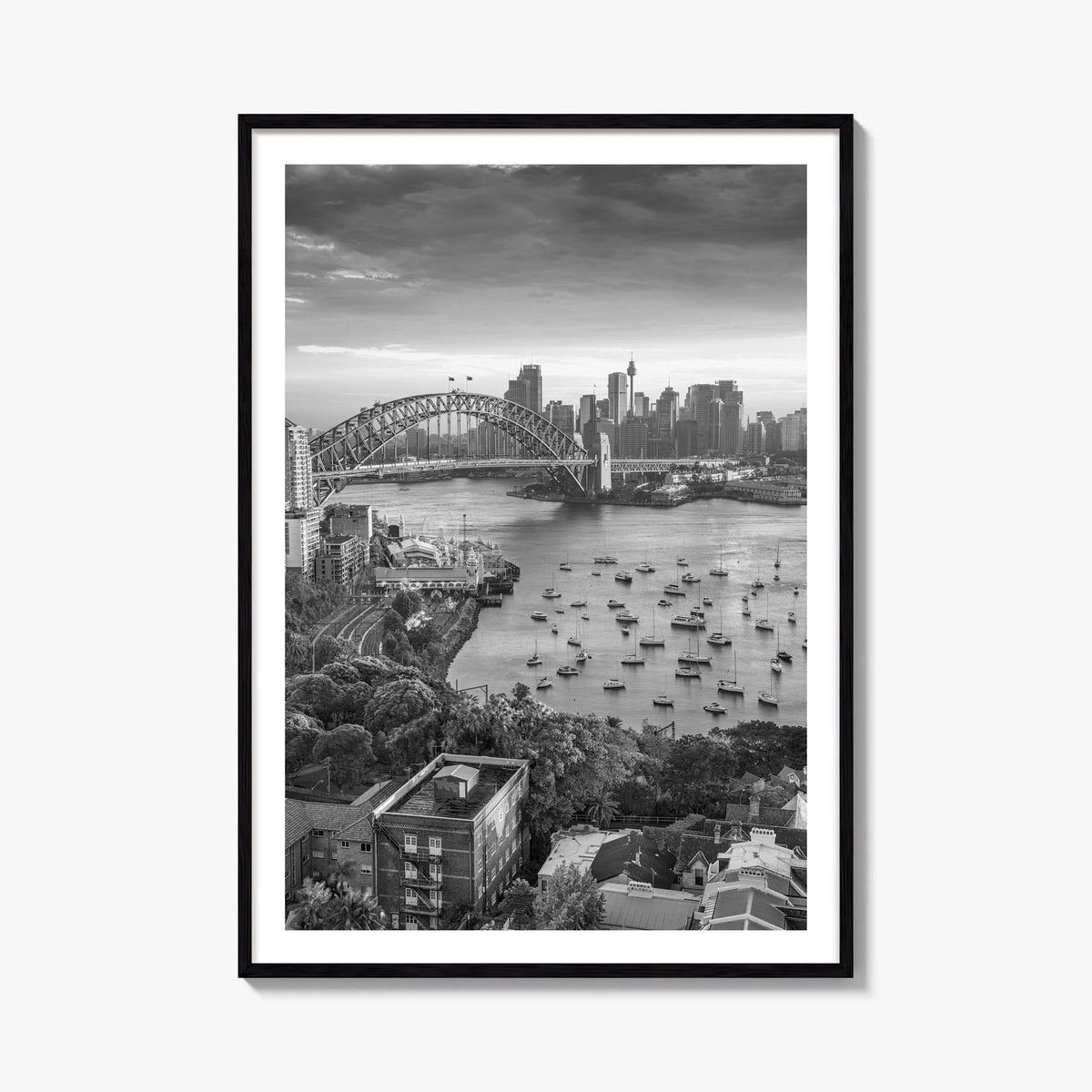 Sydney no. 2 black & white photo poster of New South Wales, Australia – vertical wall art, unframed print shown in interior m